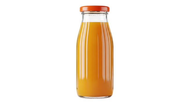Orange juice bottle with orange cap isolated on a transparent background