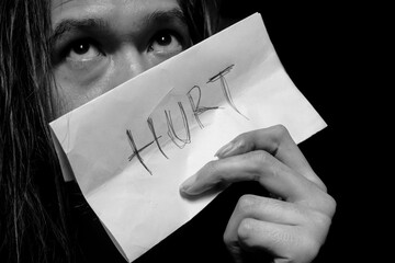 Hurt Written on Paper Held in Hand – Expression of Sadness and Depression
