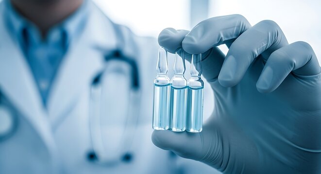 Medical vials held by gloved hand healthcare science