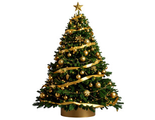 Luxury Christmas Tree with Golden Ornaments and Garland isolated on transparent background PNG