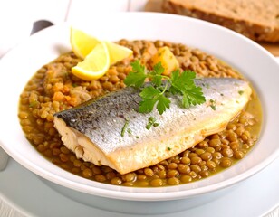 A plate of fish and lentils with lemon slices and parsley