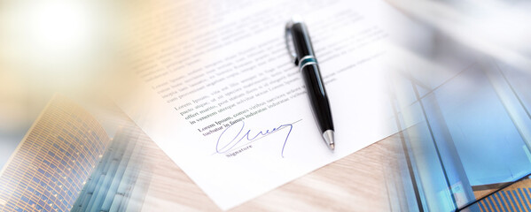 Man signing a contract; multiple exposure