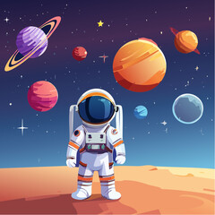 Naklejka premium Futuristic vector space and astronaut illustrations with colorful planets, galaxies, and cosmic elements.
