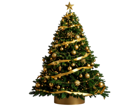 Luxury Christmas Tree with Golden Ornaments and Garland isolated on transparent background PNG - Powered by Adobe