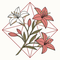 Vector art of elegant floral arrangement featuring lilies in full bloom, set against a geometric diamond backdrop, creating a harmonious blend of nature and modern design