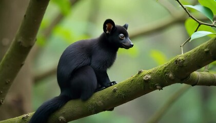 Indri sitting quietly on moss  covered branch 