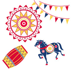 Vector art of festive pohela boishakh elements a vibrant sun, a traditional drum, a decorated horse, and colorful flags, symbolizing the joy of bengali new year