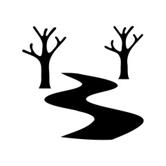 Silhouetted Road Through the Woods with Bare Trees Creates Spooky Atmosphere