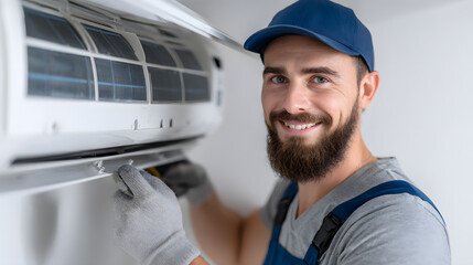 Positive Man Working as Electrician Fixing Air Conditioning Unit with Tools and Smiling for Portrait in Bright Room