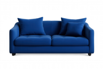 Contemporary blue sofa featuring tufted cushions, matching decorative pillows, floating against transparent background for interior design rendering