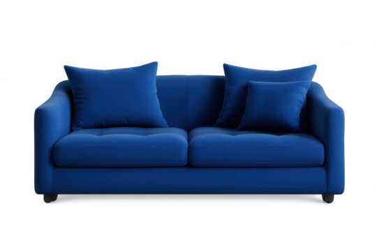 Contemporary blue sofa featuring tufted cushions, matching decorative pillows, floating against transparent background for interior design rendering
