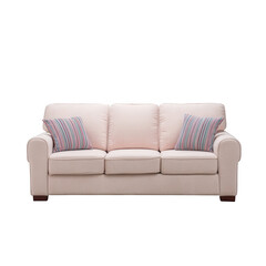 Fototapeta premium Comfortable light pink sofa with patterned pillows isolated on transparent background