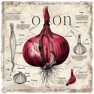 Vintage onion botanical illustration with scientific diagram elements, antique vegetable artwork for culinary publications, packaging and kitchen decor