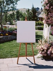 Wedding mockup with large white blank sheet of paper on easel at outdoor wedding venue with flowers veil breeze romantic decoration people looking realistic photography