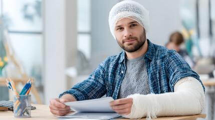 Portrait of a young man with a bandaged arm and head, showcasing resilience and determination in rehabilitation