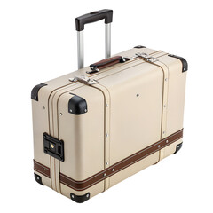 Vintage cream suitcase with retractable handle isolated on white background