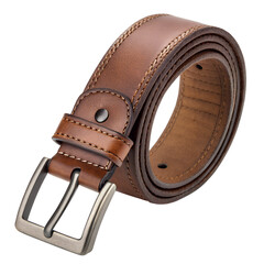 Brown leather belt with metal buckle isolated on white background