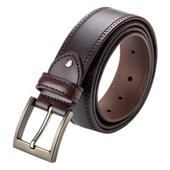 Textured dark brown leather belt buckle isolated on white background