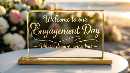 A golden text “Welcome to our engagement day  where dreams come true.” on golden glass sign in elegant calligraphy. 
