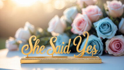A golden text She Said Yes in elegant cursive calligraphy with subtle flourishes, adorned with a delicate garland of fresh roses in soft pink hues