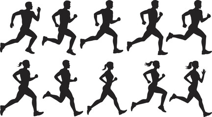Silhouette vector set of male and female runners in motion, exercising, jogging, sprinting, fitness training, isolated on white background