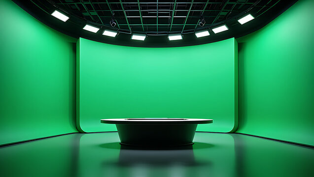 Professional television studio interior with a central anchor desk and advanced lighting setup, featuring an expansive green chroma key screen for virtual broadcasting and video production