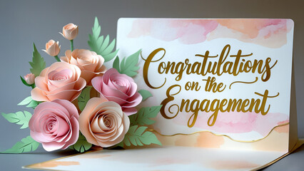 engagement pop up card design featuring a delicate pastel bouquet of soft pink and pale peach roses 