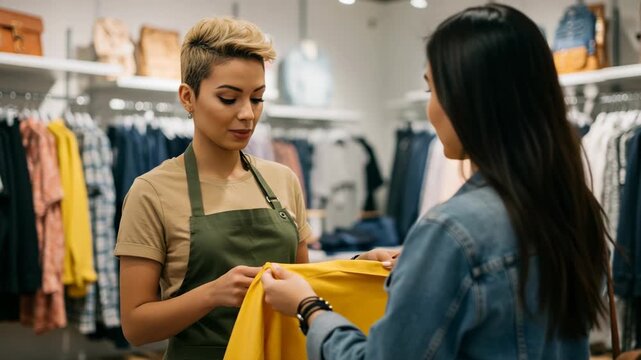 Sales associate helping customer choose clothing in a store