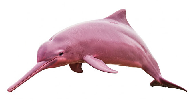 Unique Pink Amazon River Dolphin (Boto) swimming gracefully in a side view on an isolated transparent background, highlighting its rare color.