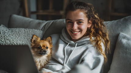 Young Smiling Woman Working on Laptop at Home with Dog in Cozy Living Room Setting