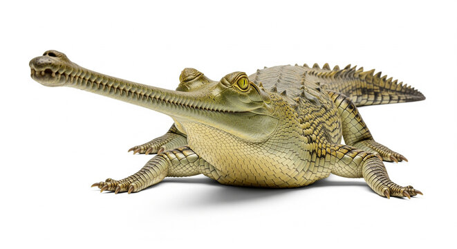 Wild Gharial crocodile lying in a side view on an isolated transparent background, highlighting its distinctive long snout.