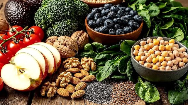 Food stilllife apple slices broccoli tomatoes avocado walnuts almonds spinach blueberries chickpeas flaxseeds chia seeds on wooden table