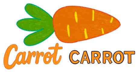 Carrot illustration with playful text created using digital colored pencils. Cute and colorful vegetable design perfect for food projects, children’s artwork, and decorative lettering.