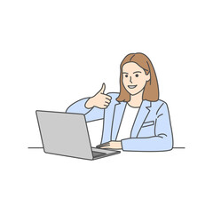 Cartoon illustration of confident business woman giving thumbs up at a desk with a laptop