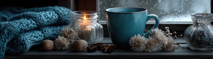 Cozy window scene with teal mug, candle, and knit blanket