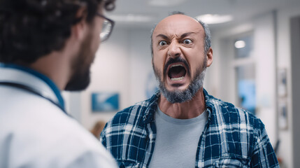 Obraz premium Intense Portrait of an Aggressive Male Patient Confronting a Doctor in a Medical Setting