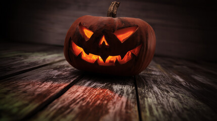 ominous. Carved Halloween pumpkin emitting an eerie orange glow, placed on weathered wooden planks for a spooky effect. event programs.