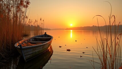 Naklejka premium Wooden Boat at Sunset