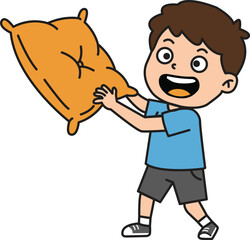 Fototapeta premium Cartoon boy with brown hair holding a yellow pillow smiling broadly.