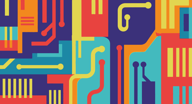 Vibrant abstract circuit board pattern featuring interconnected geometric and organic shapes in bold primary colors