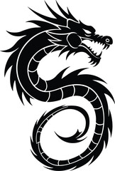 Tribal Chinese dragon silhouette, black vector serpent design, Asian mythology creature, fantasy tattoo art, oriental cultural symbol illustration, legendary dragon artwork