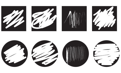 Black textured labels with white scribble marks. Square and circular labels with white scribble marks, perfect for stickers, badges, decoration design. Monochrome faded weathered surface badge design