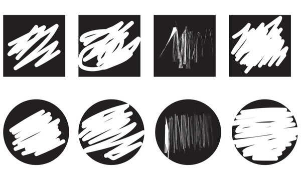 Black textured labels with white scribble marks. Square and circular labels with white scribble marks, perfect for stickers, badges, decoration design. Monochrome faded weathered surface badge design