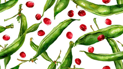 Seamless watercolor pattern of green bean pods with red seeds on white background