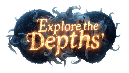 Dive into 'Explore the Depths' an invitation to adventure with illuminated script on a mysterious