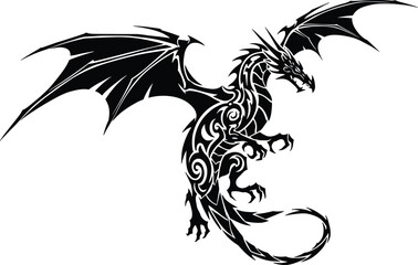 Flying tribal dragon silhouette with detailed wings, curled tail, sharp claws, tattoo style artwork, fantasy mythical creature vector illustration design