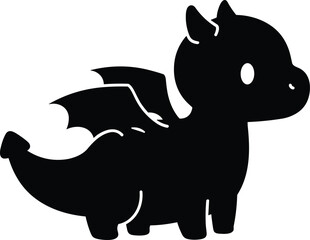 Cute baby dragon silhouette with small wings, cartoon fantasy creature design, adorable mythical animal illustration, simple black vector artwork