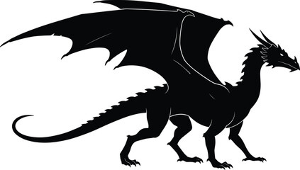 Silhouette of majestic dragon standing with large wings spread, mythical fantasy creature illustration, legendary beast design, black vector artwork isolated