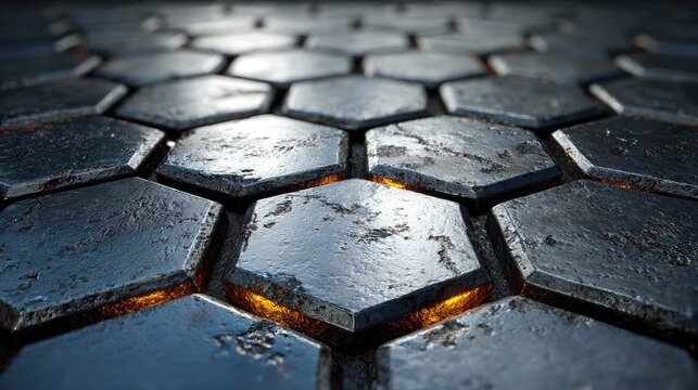 Hexagonal metallic tiles, glowing interior
