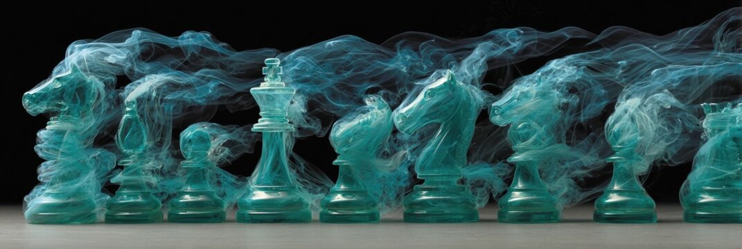 Teal chess pieces enveloped in swirling smoke